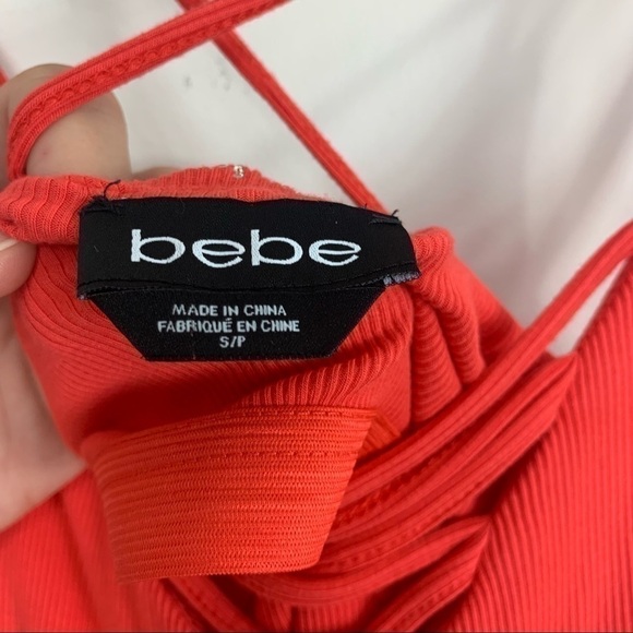 Bebe Bodycon Ribbed Knit Coral Pink Mini Dress Size Small - Picture 2 of 13